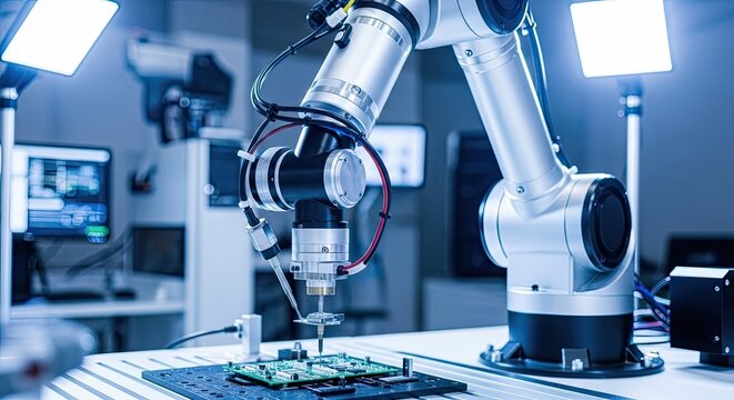 A robotic arm is operating on a circuit board in a laboratory setting.