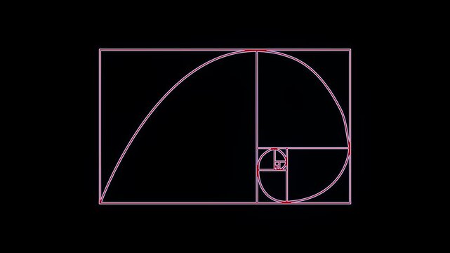 Red and Blue Outline of Golden Ratio Spiral and Fibonacci Sequence Squares on Black mathematics