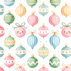 Seamless repeating Christmas pattern featuring holly leaves, baubles, candy canes, stars and snowflakes, modern minimal style, soft festive color palette