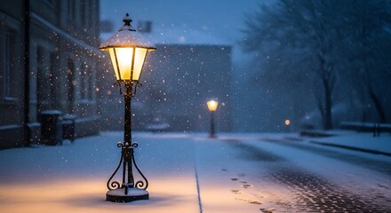 Snowy street lamp illuminates a quiet winter evening