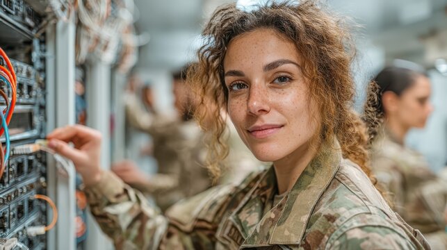 A woman in military uniform works on server equipment, displaying technical skills and confidence in a high-tech environment. - Powered by Adobe