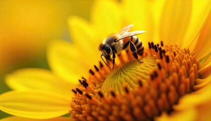 A close up shows a bee perched atop a bright yellow flower with a blurred background and soft lighting