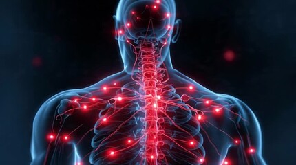 Animated human anatomy video depicting nervous system activity and pain points for educational or medical marketing content