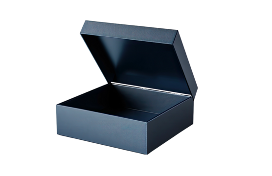 Open, dark blue, square, matte box, hinged lid angled up