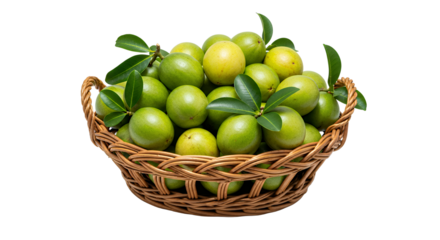 A woven basket overflowing with ripe, green plums, a healthy and refreshing fruit
