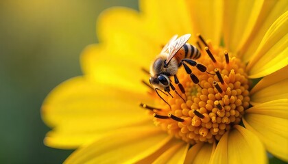 A close up of a bee on a bright yellow flower with a blurred green background in soft natural light