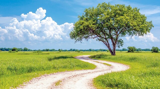 A scenic landscape featuring a winding dirt path through a vibrant green field, leading towards a solitary tree under a partly cloudy sky.