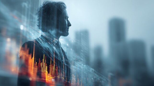 double exposure business leader looking forward overlay with glowing financial graphs and data streams over futuristic city, corporate vision concept