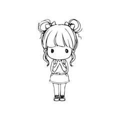 Beautiful Kawaii Girl Black and White Vector Illustration in Cute Simple Line Art Style