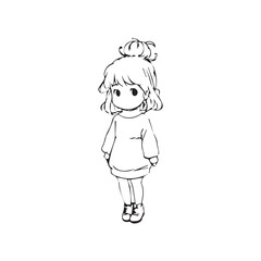 Beautiful Kawaii Girl Black and White Vector Illustration in Cute Simple Line Art Style