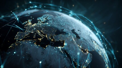 double exposure planet Earth overlay with glowing stock market lines and global connection data, worldwide business network