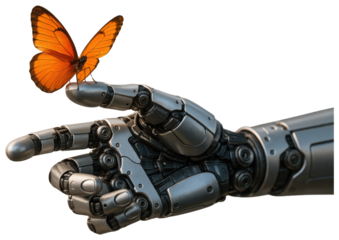 Robotic Hand Holding an Orange Butterfly on White Background robot hand robotic arm isolated on a transparent background