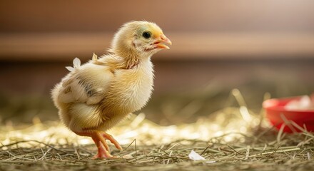 A small, yellow chick with a red beak and orange feet standing on straw in a barn.