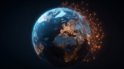 double exposure planet Earth overlay with glowing stock market lines and global connection data, worldwide business network