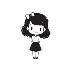 Beautiful Kawaii Girl Black and White Vector Illustration in Cute Simple Line Art Style