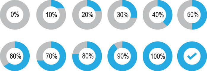 Percentage of infographics in sky blue. Circle load and circle progress collection. Set of circle percentage diagrams for infographics 0 10 20 20 30 40 50 60 60 70 80 90 100 percent in blue.