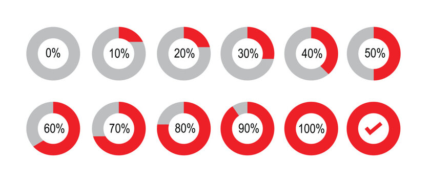 Percentage of infographics in sky blue. Circle load and circle progress collection. Set of circle percentage diagrams for infographics 0 10 20 20 30 40 50 60 60 70 80 90 100 percent in red.
