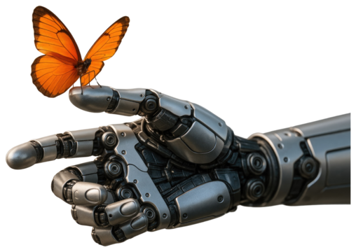 Robotic Hand Holding an Orange Butterfly on White Background robot hand robotic arm isolated on a transparent background