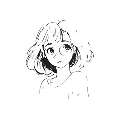 Beautiful Kawaii Girl Black and White Vector Illustration in Cute Simple Line Art Style