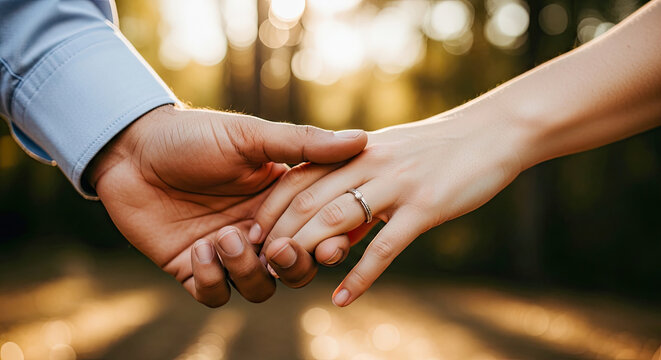 A couple holding hands in a forest at sunset. - Powered by Adobe