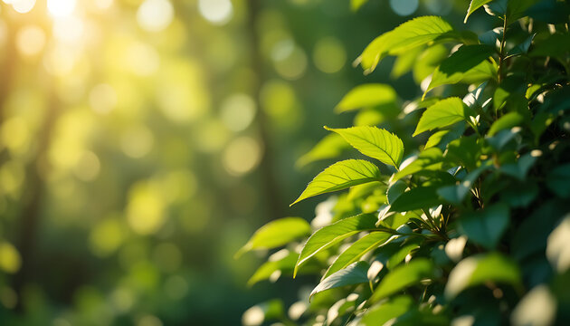 Sunlight filtering through lush green leaves in a forest