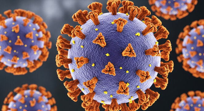 A close-up of a purple and orange virus with a blue background.
