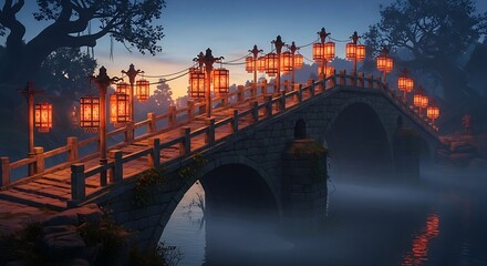 Enchanted bridge illuminated by warm lanterns at dusk