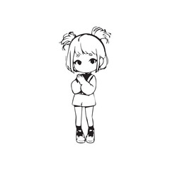 Beautiful Kawaii Girl Black and White Vector Illustration in Cute Simple Line Art Style