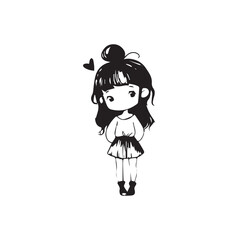 Beautiful Kawaii Girl Black and White Vector Illustration in Cute Simple Line Art Style