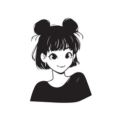 Beautiful Kawaii Girl Black and White Vector Illustration in Cute Simple Line Art Style