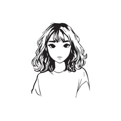 Beautiful Kawaii Girl Black and White Vector Illustration in Cute Simple Line Art Style