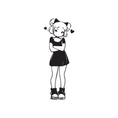 Beautiful Kawaii Girl Black and White Vector Illustration in Cute Simple Line Art Style