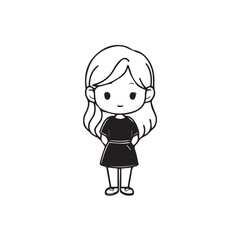 Beautiful Kawaii Girl Black and White Vector Illustration in Cute Simple Line Art Style