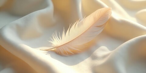 Naklejka premium A single, delicate feather rests gently on creamy, smooth fabric, bathed in soft, warm light