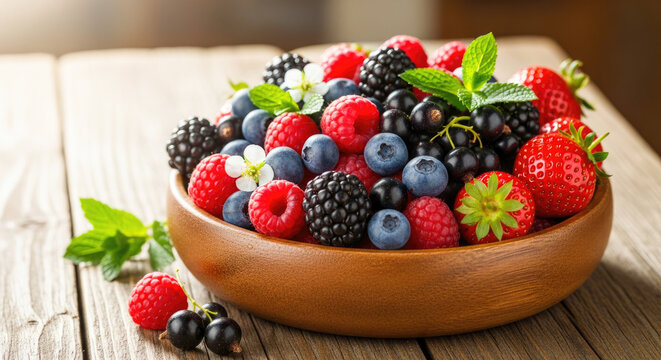A wooden bowl filled with a variety of berries, including raspberries, blackberries, and blueberries, on a rustic wooden table with a light-colored background.