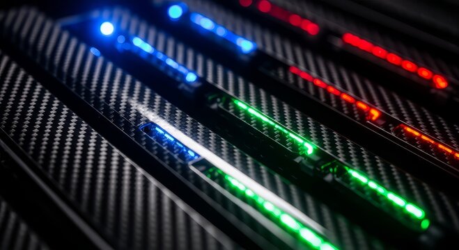 Close up of carbon fiber surface with colorful led lights in blue green and red colors in dark setting