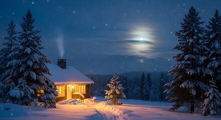 Cozy cabin lit up in a snowy winter wonderland at night