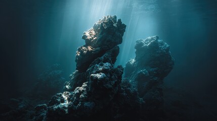 Obraz premium A Crystal Clear photo of underwater seascape, dramatic coral formations and rock structures, illuminated by beams of natural light filtering through the water, palette of deep blues.