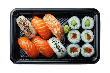 Sushi combo in black plastic tray nigiri, maki, wasabi