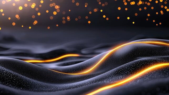 A dark, undulating surface with glowing orange lines and scattered bokeh lights in the background.