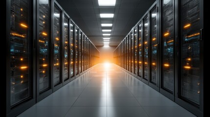 A high-tech server room illuminated by glowing lights, featuring rows of servers along a sleek corridor leading to a bright light source.