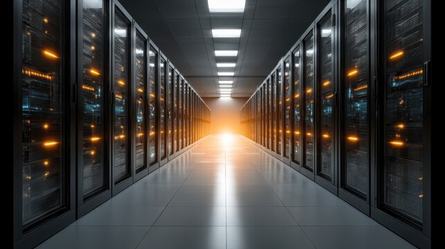 A high-tech server room illuminated by glowing lights, featuring rows of servers along a sleek corridor leading to a bright light source.