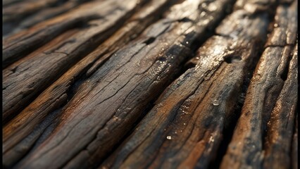 Macro photograph of wet cracked timber with subtle reflections and sunlight bringing out the rich brown textures of aged wood