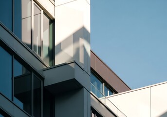Architectural detail of a modern building with glass windows and a clear blue sky in the background