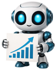 Small robot with blue eyes holding a white sign with a growth chart android artificial intelligence isolated on a transparent background