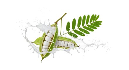 Natural plant-based milk concept showing a fresh green legume pod split open to reveal seeds in a dynamic creamy white splash