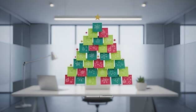 Office Christmas Tree with Colorful Props A Festive Workplace Display