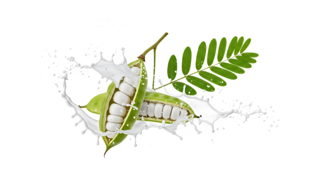 Natural plant-based milk concept showing a fresh green legume pod split open to reveal seeds in a dynamic creamy white splash