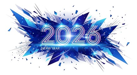 Explosive neon 2026 new year design with glowing blue geometric shards and light burst.