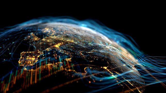 double exposure Earth overlay with blockchain network lines and rising crypto charts, futuristic cryptocurrency concept